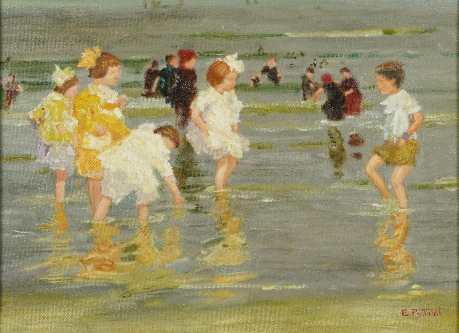 After Edward Henry Potthast - Beach scene with children, American school oil on board, mounted and
