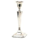 James Deakin & Sons, George V tapering candlestick with square base, Chester 1913, 26cm high, 618.0g