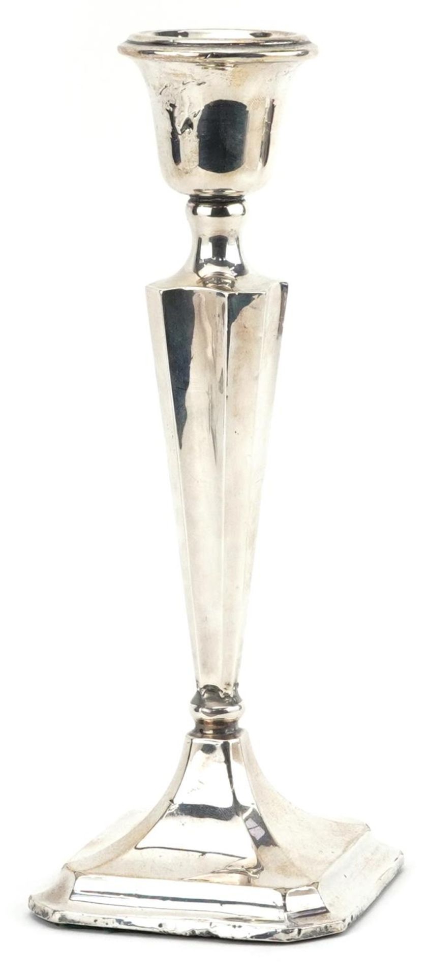 James Deakin & Sons, George V tapering candlestick with square base, Chester 1913, 26cm high, 618.0g