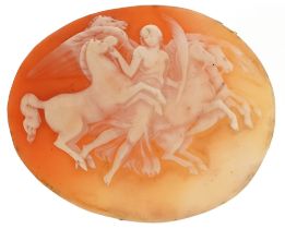 Victorian cameo shell panel carved with a winged female with horses, 5.5cm wide, 13.0g