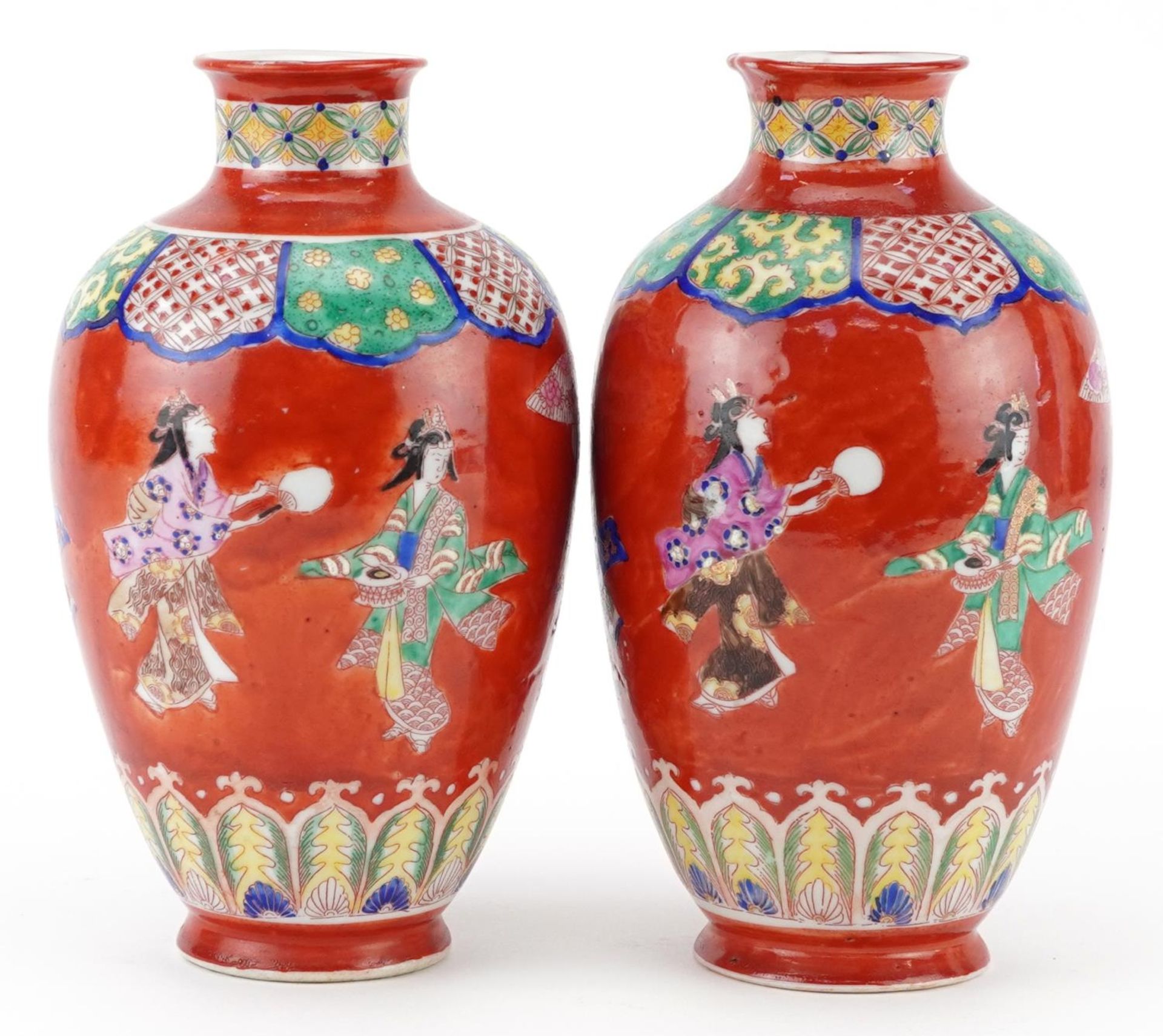 Pair of Japanese iron red ground porcelain vases hand painted with a continuous band of Geishas - Image 2 of 6