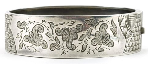 Victorian aesthetic silver engraved hinged bangle, Birmingham 1883, 6.5cm wide, 21.2g