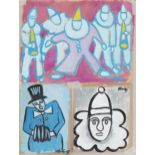 Manner of Markey Robinson - Pierrot musicians, Three Irish school gouaches mounted onto card,