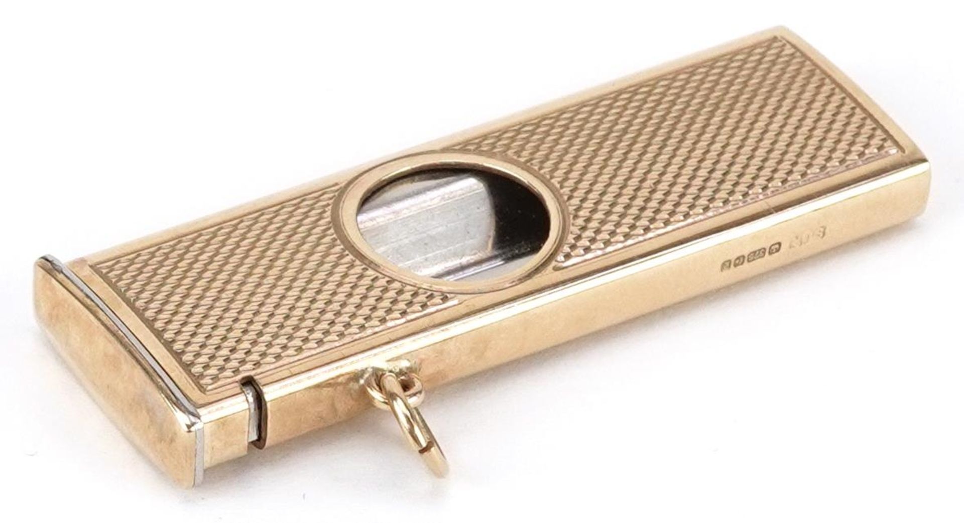 S J Rose & Son, engine turned 9ct gold cased cigar cutter, Birmingham 1985, 5.5cm in length, total - Bild 4 aus 4