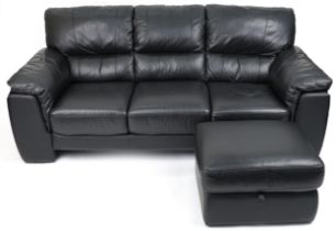 Contemporary three seater settee with black leather upholstery and footstool, the settee 90cm H x