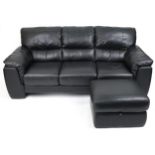 Contemporary three seater settee with black leather upholstery and footstool, the settee 90cm H x