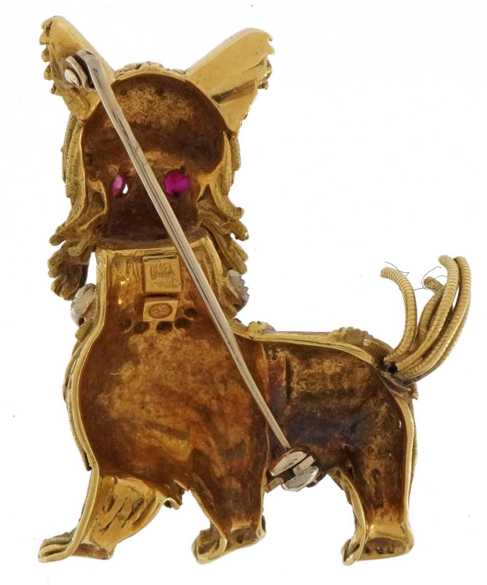 18ct gold dog brooch with diamond set collar and ruby eyes, OCEV maker's mark, 4cm high, 14.2g - Image 2 of 3