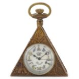 Masonic interest brass triangular pocket watch, 6cm high