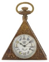 Masonic interest brass triangular pocket watch, 6cm high