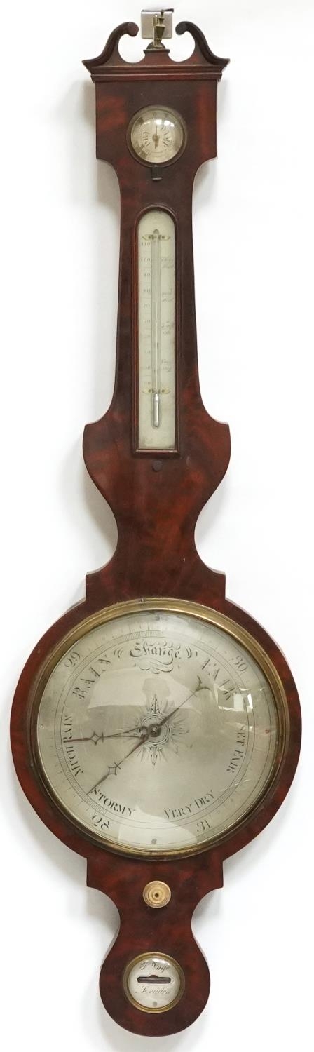 19th century mahogany banjo barometer thermometer with silvered dials, one engraved J Vago of