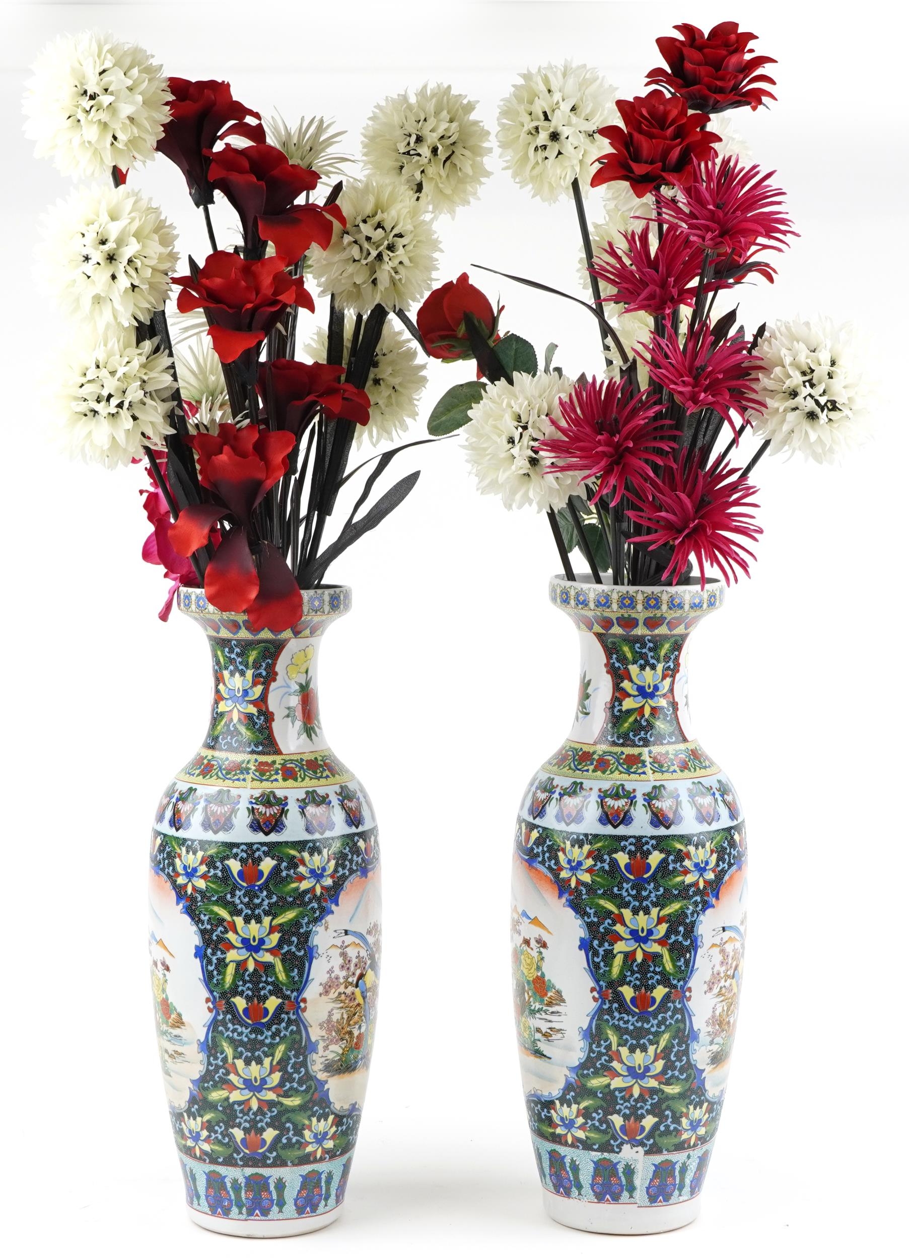 Large pair of Chinese porcelain vases decorated with flowers housing artificial flowers, each vase - Image 4 of 6