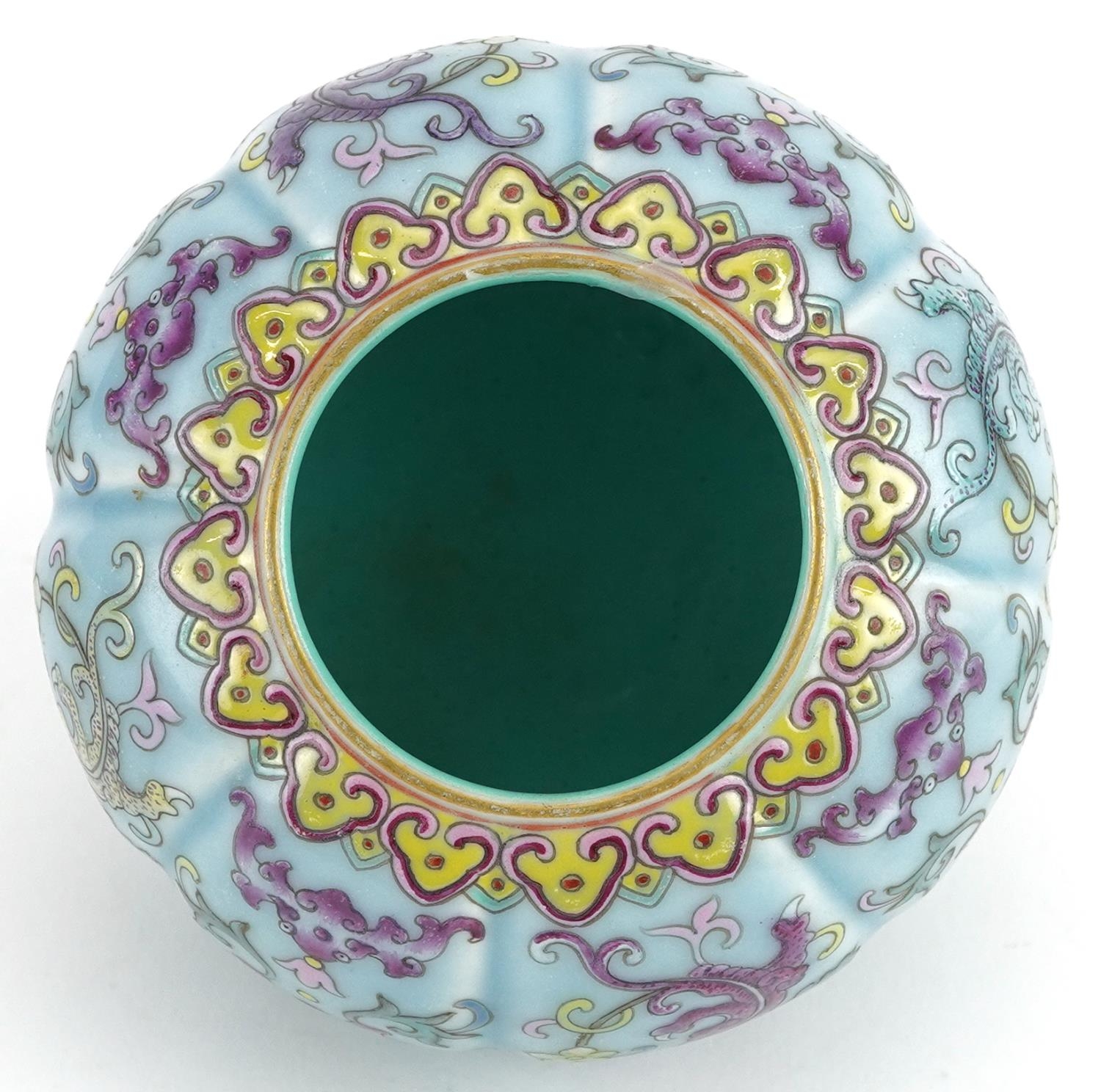 Chinese porcelain purple and turquoise ground vase hand painted in the famille rose palette with - Image 5 of 7