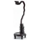 Chinese hardwood monastery bell stand carved with a dragon's head, possibly Hongmu, 71cm high