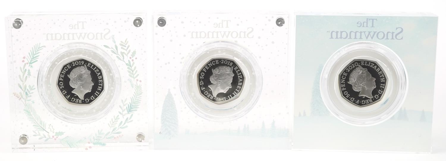 Three The Snowman silver proof fifty pence pieces by The Royal Mint, housed in Perspex slabs with - Image 3 of 3