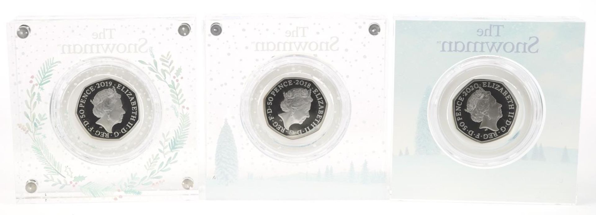 Three The Snowman silver proof fifty pence pieces by The Royal Mint, housed in Perspex slabs with - Bild 3 aus 3