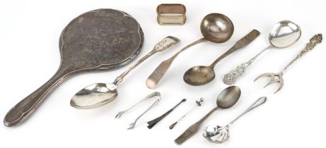 Georgian and later silver including tablespoon, napkin ring, sugar tongs and hand mirror, the