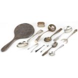 Georgian and later silver including tablespoon, napkin ring, sugar tongs and hand mirror, the