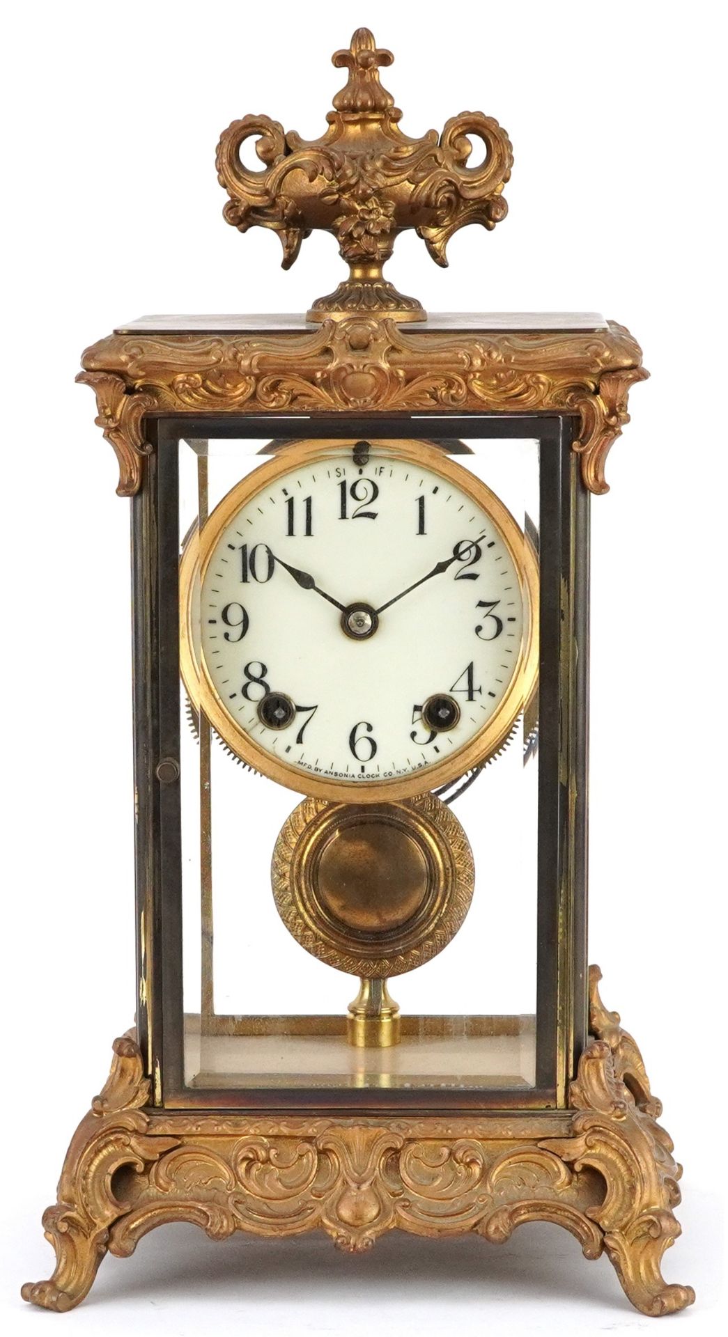 19th century ormolu four glass mantle clock striking on a gong with urn finial and circular - Image 2 of 8