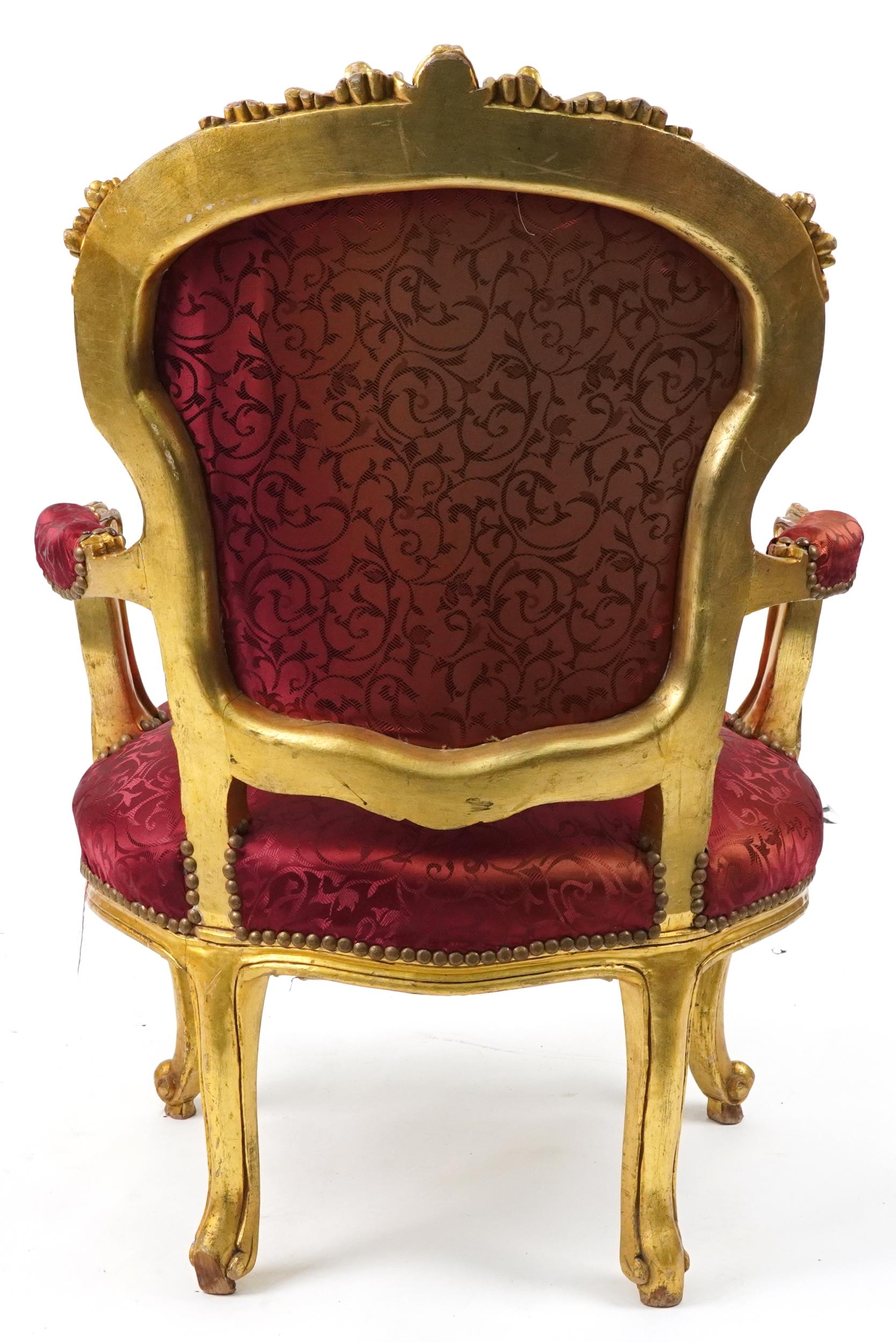 French Louis XV style elbow chair carved with flowers having red part silk floral button back - Image 4 of 4