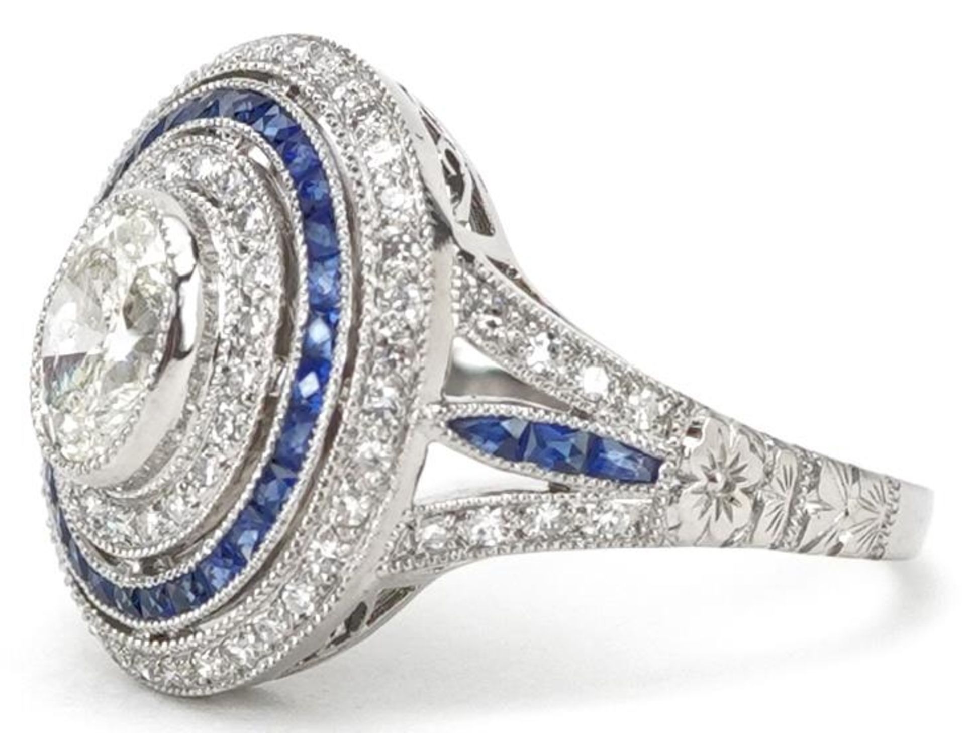 Art Deco style platinum diamond and sapphire four tier cluster ring, total diamond weight - Image 2 of 6