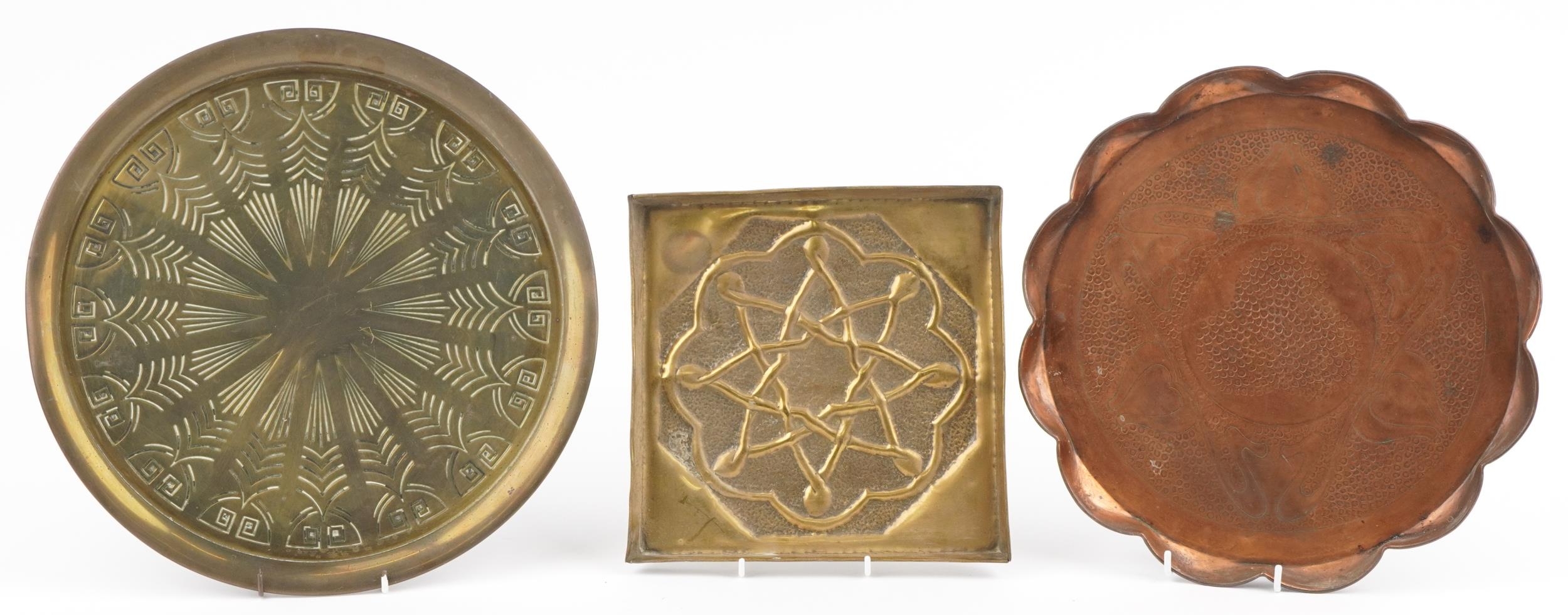 Three Arts & Crafts and Art Nouveau metal trays including a square example embossed with Celtic