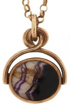 Victorian style 9ct gold Blue John spinner fob on a 9ct gold Belcher link necklace, 3.4cm high and