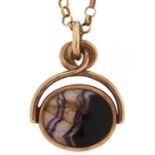 Victorian style 9ct gold Blue John spinner fob on a 9ct gold Belcher link necklace, 3.4cm high and