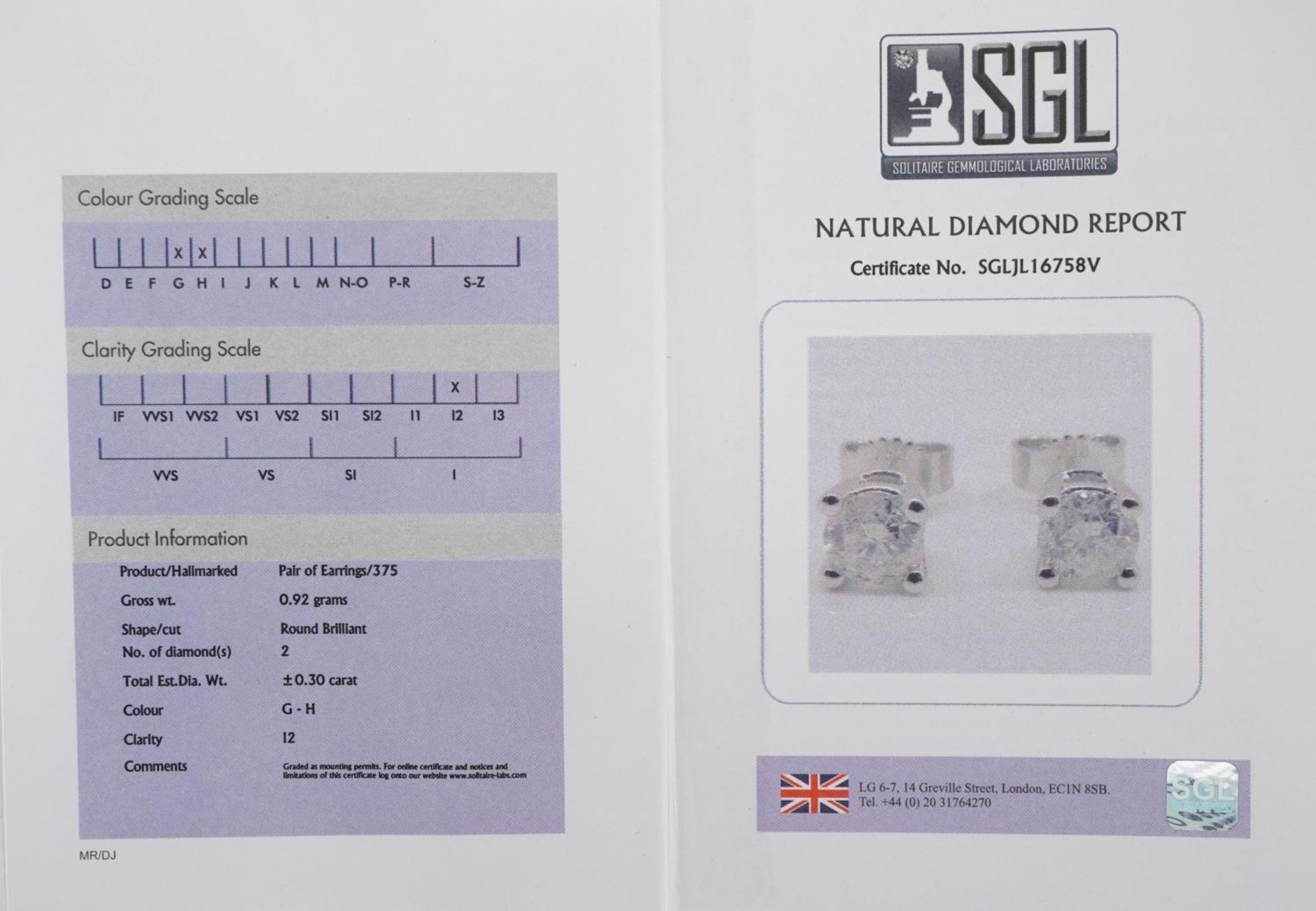 Pair of 9ct white gold diamond solitaire stud earrings with certificate, total diamond weight - Bild 4 aus 4