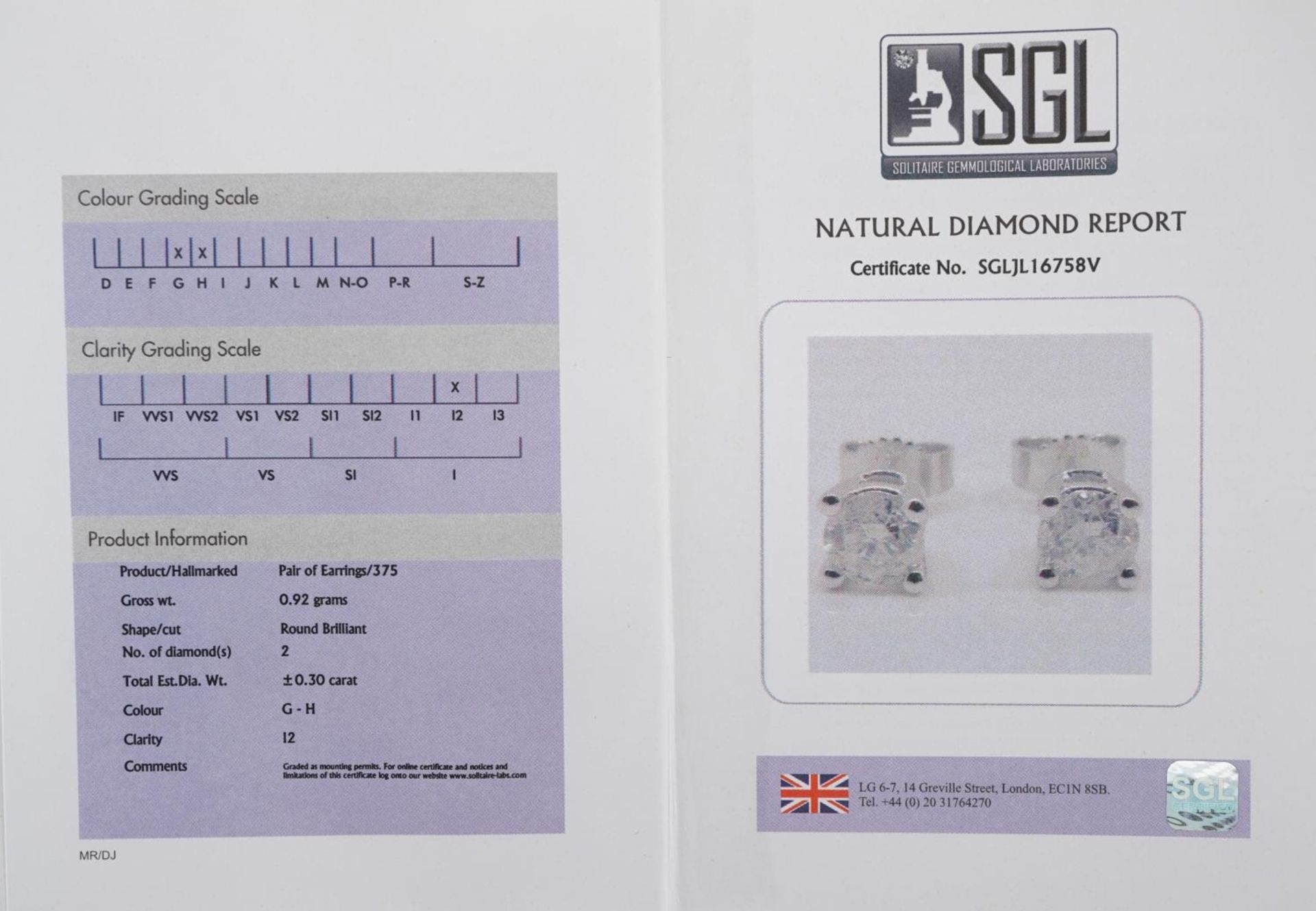 Pair of 9ct white gold diamond solitaire stud earrings with certificate, total diamond weight - Image 4 of 4