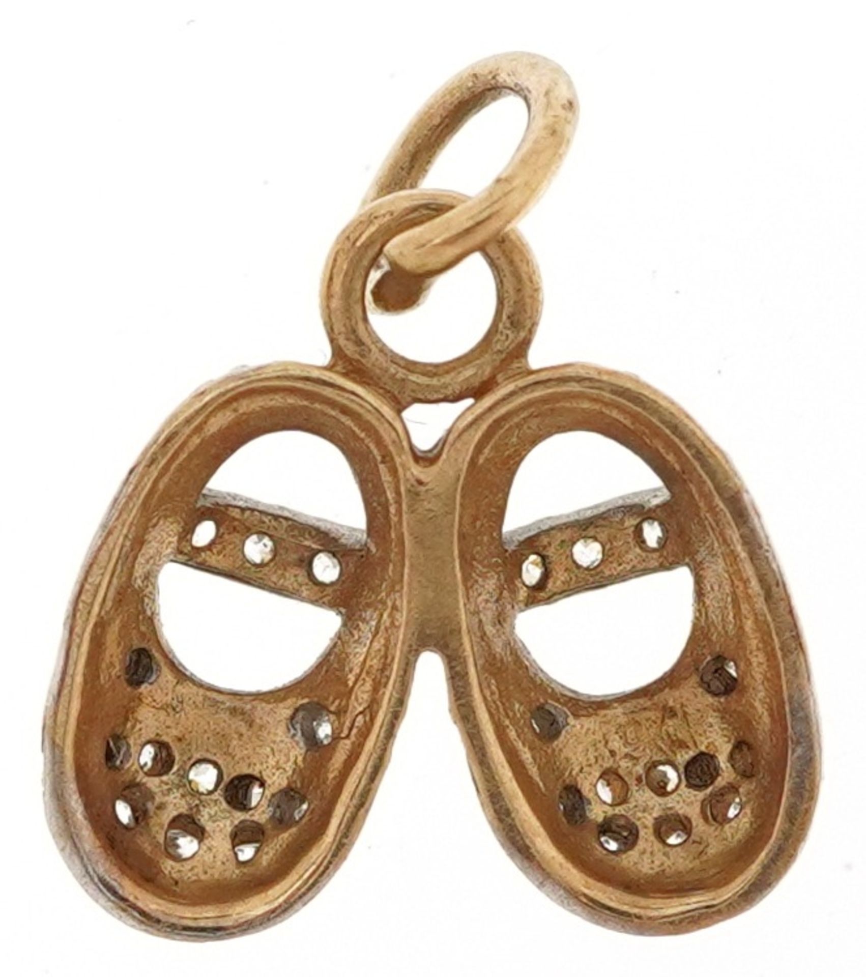 9ct gold charm in the form of a pair of slippers set with clear stones, 1.3cm high, 1.3g - Image 2 of 2