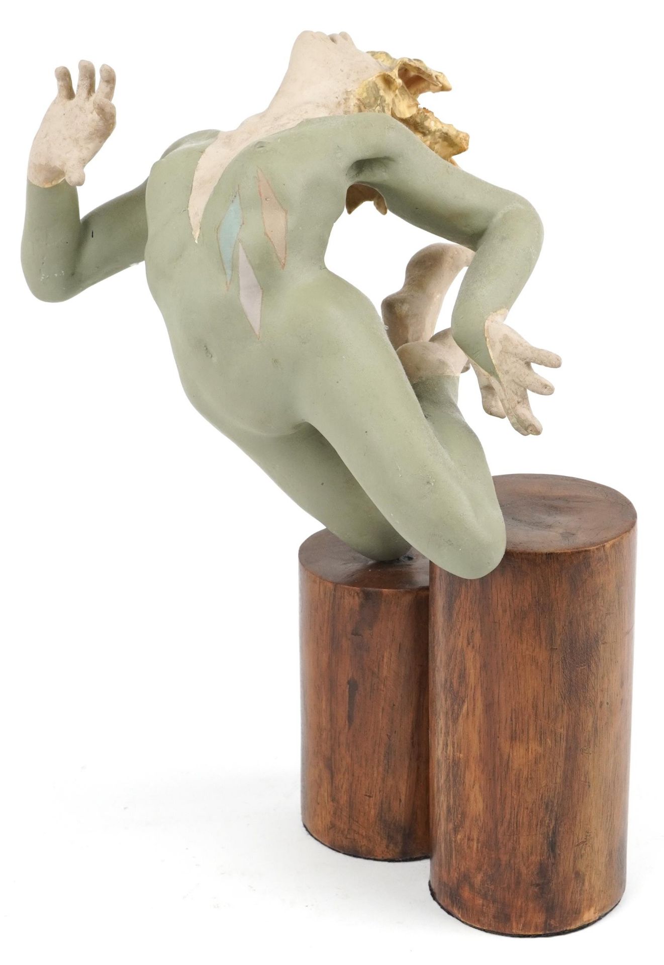 Neil Wilkinson, contemporary Brutalist painted resin sculpture of a nude female on double circular - Image 2 of 4