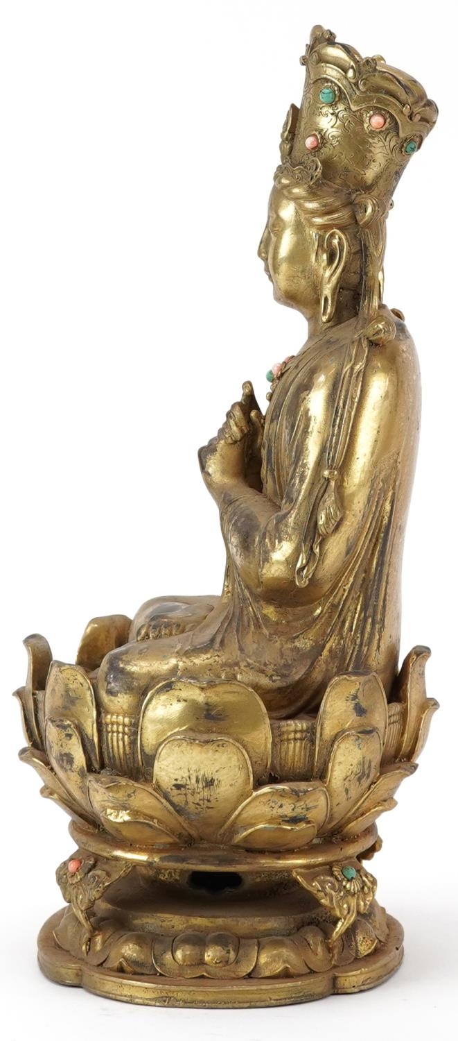Chino Tibetan gilt bronze figure of jewelled Buddha, 29cm high - Image 3 of 7