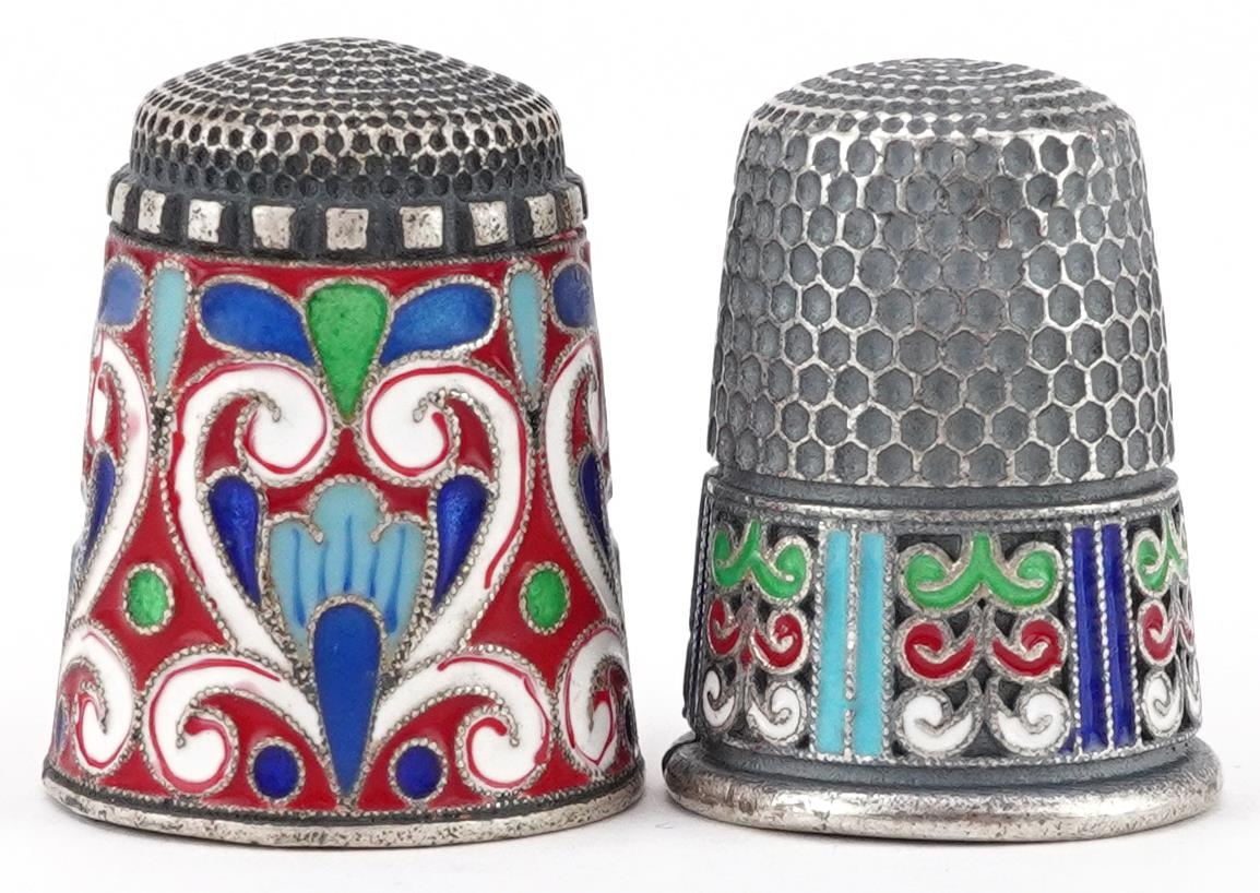 Two silver champleve enamel thimbles, impressed Russian marks to each, each 2.3cm high, total 19.8g - Image 2 of 5