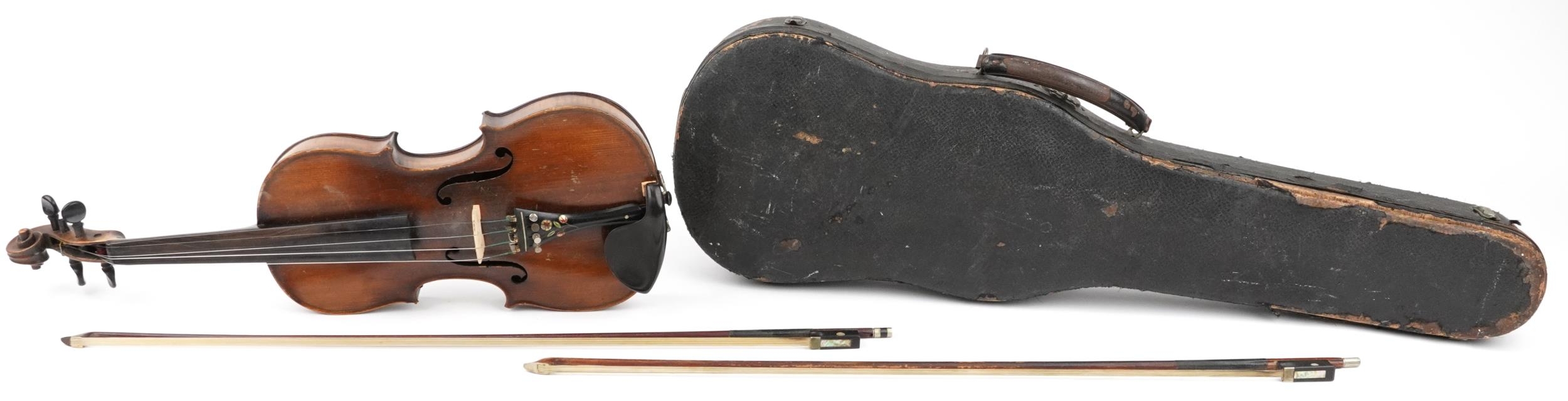 Old wooden violin with two bows housed in a fitted Reliance protective travel case, the violin - Image 3 of 4