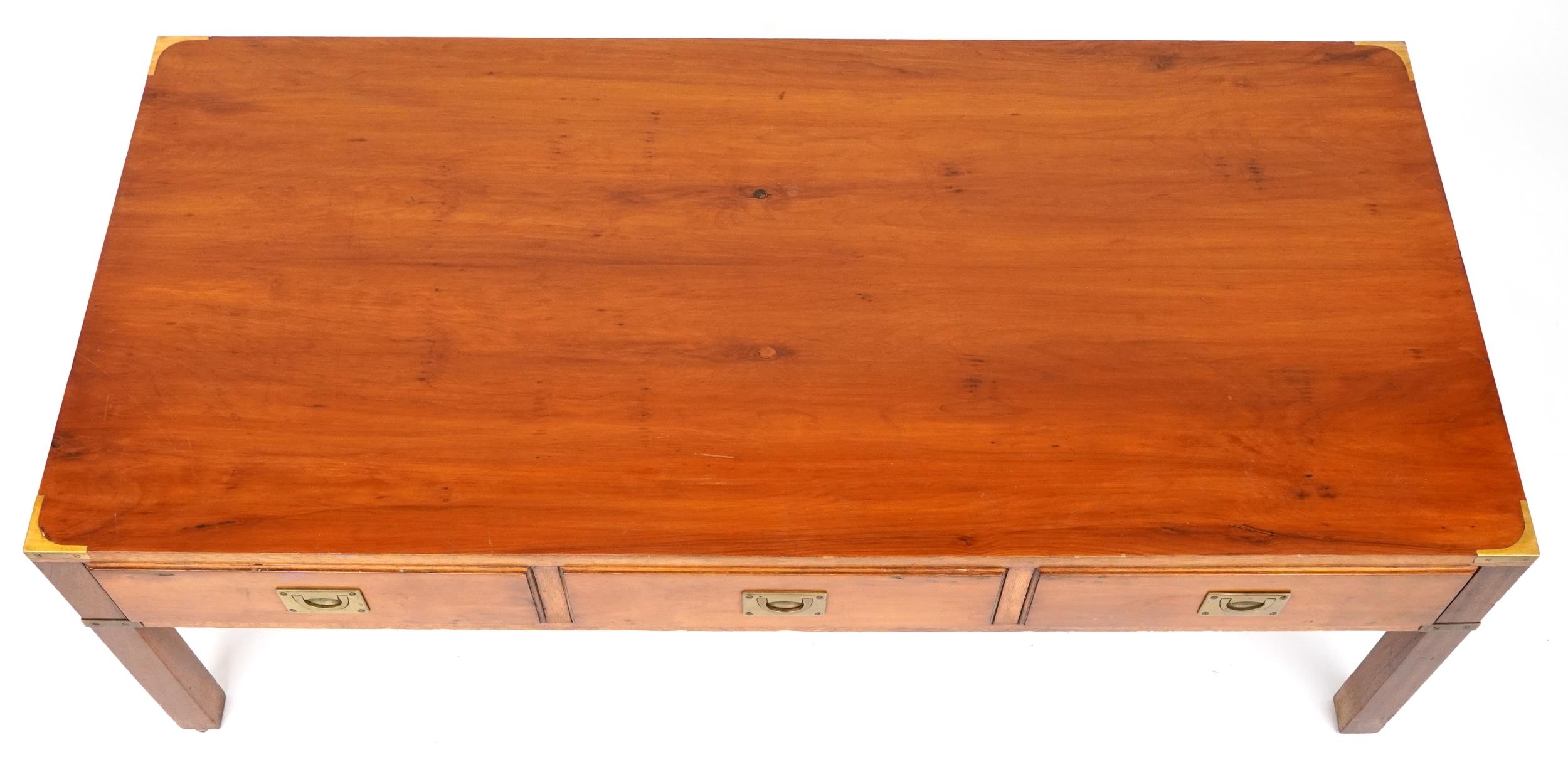 Military interest yew wood campaign style coffee table with three frieze drawers and brass mounts, - Image 3 of 4