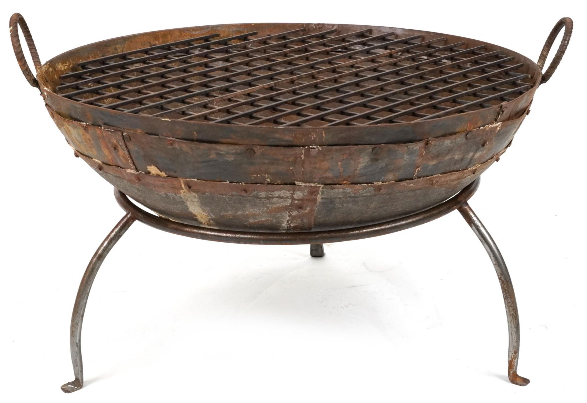 Cast metal firepit with twin handles and grill on tripod stand, 50cm high x 90.5cm in diameter - Image 3 of 3