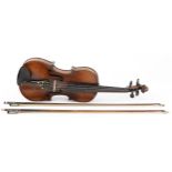 Old wooden violin with two bows housed in a fitted Reliance protective travel case, the violin