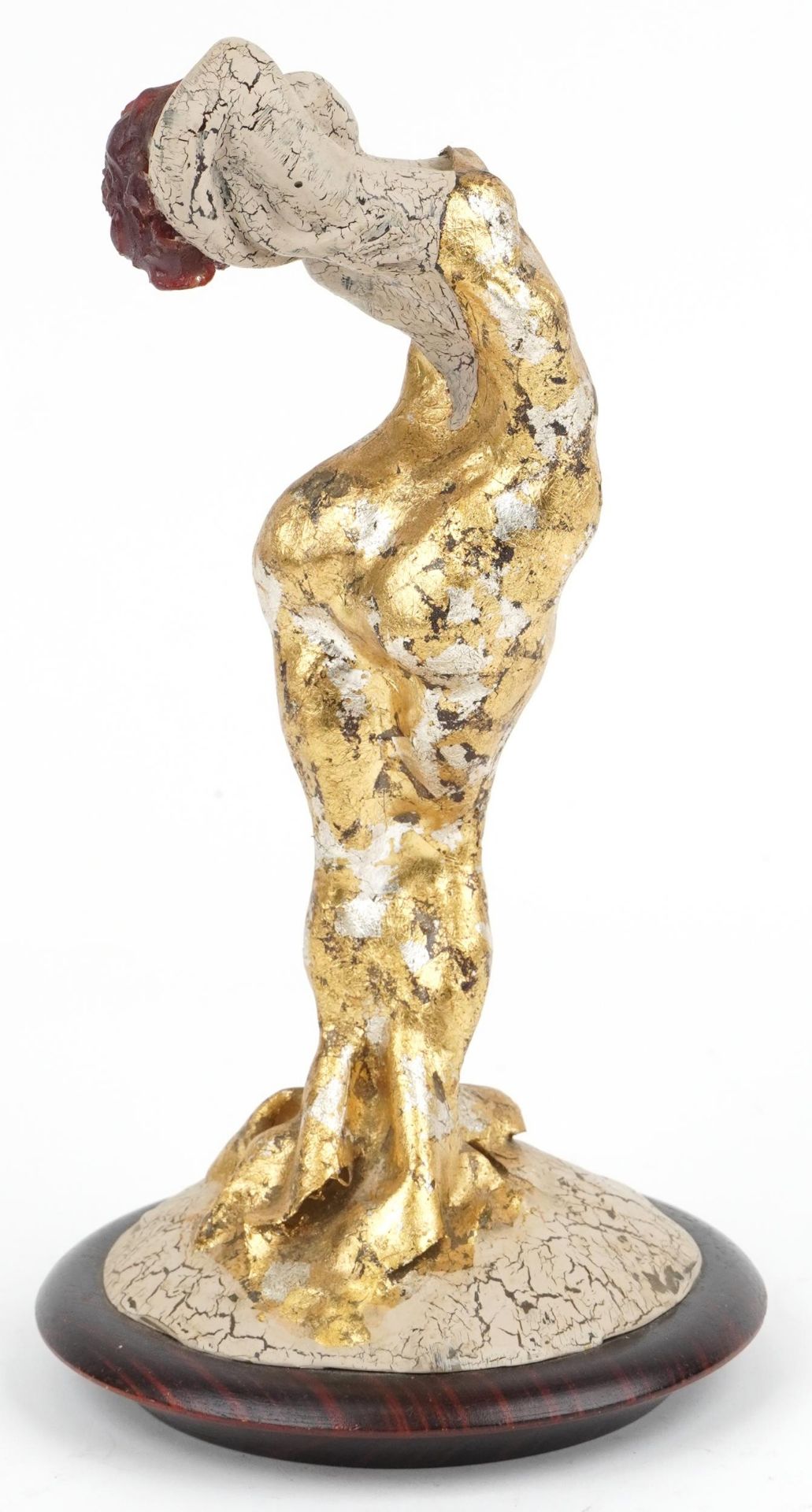 Neil Wilkinson, contemporary Brutalist resin and gold leaf sculpture of a female raised on - Image 2 of 3