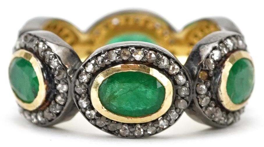 Unmarked yellow and white metal emerald and diamond ring, total emerald weight approximately 2.55 - Image 2 of 3