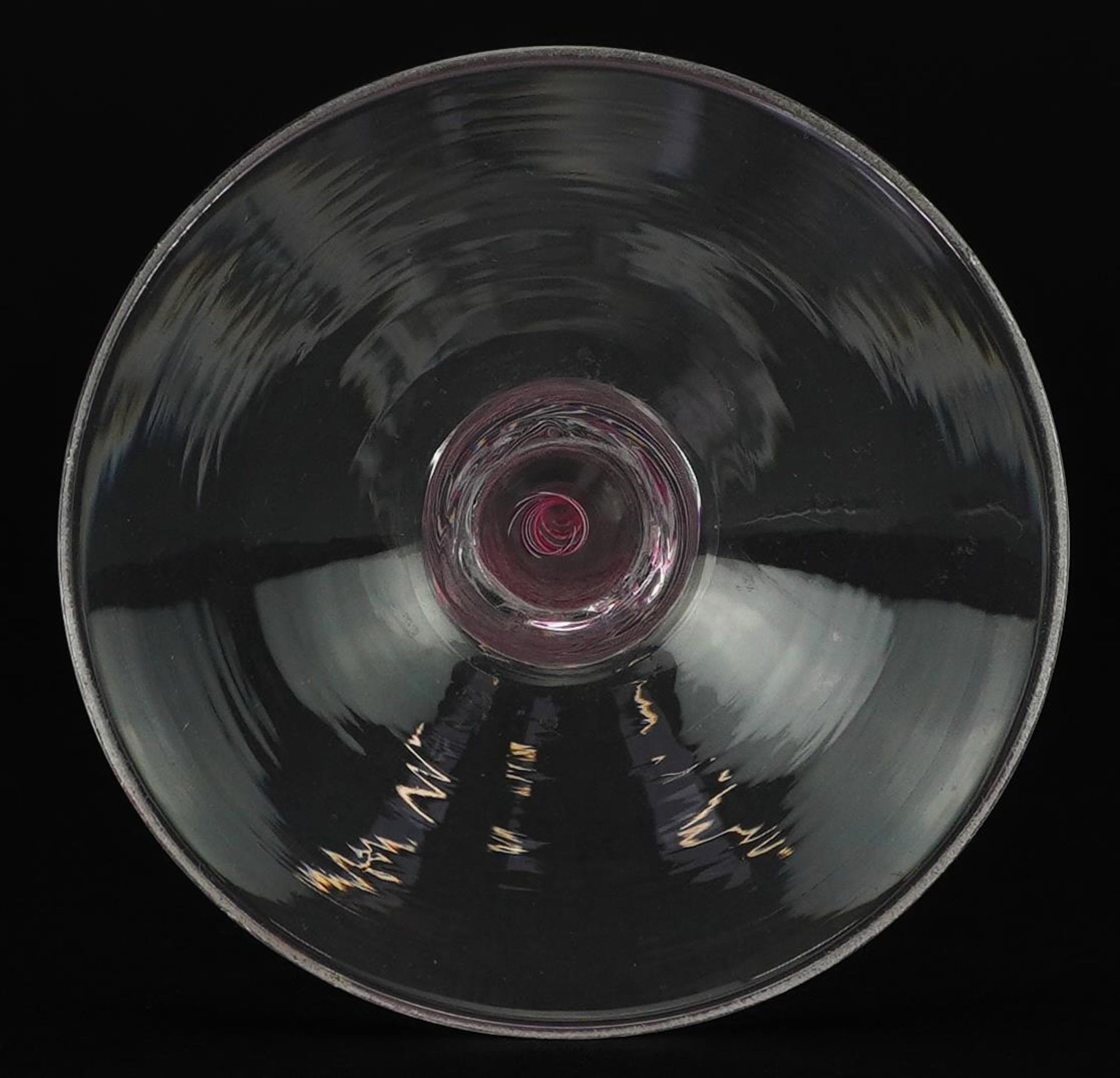 18th century wine glass with multi coloured opaque twist stem and bowl engraved with leaves and - Image 5 of 5