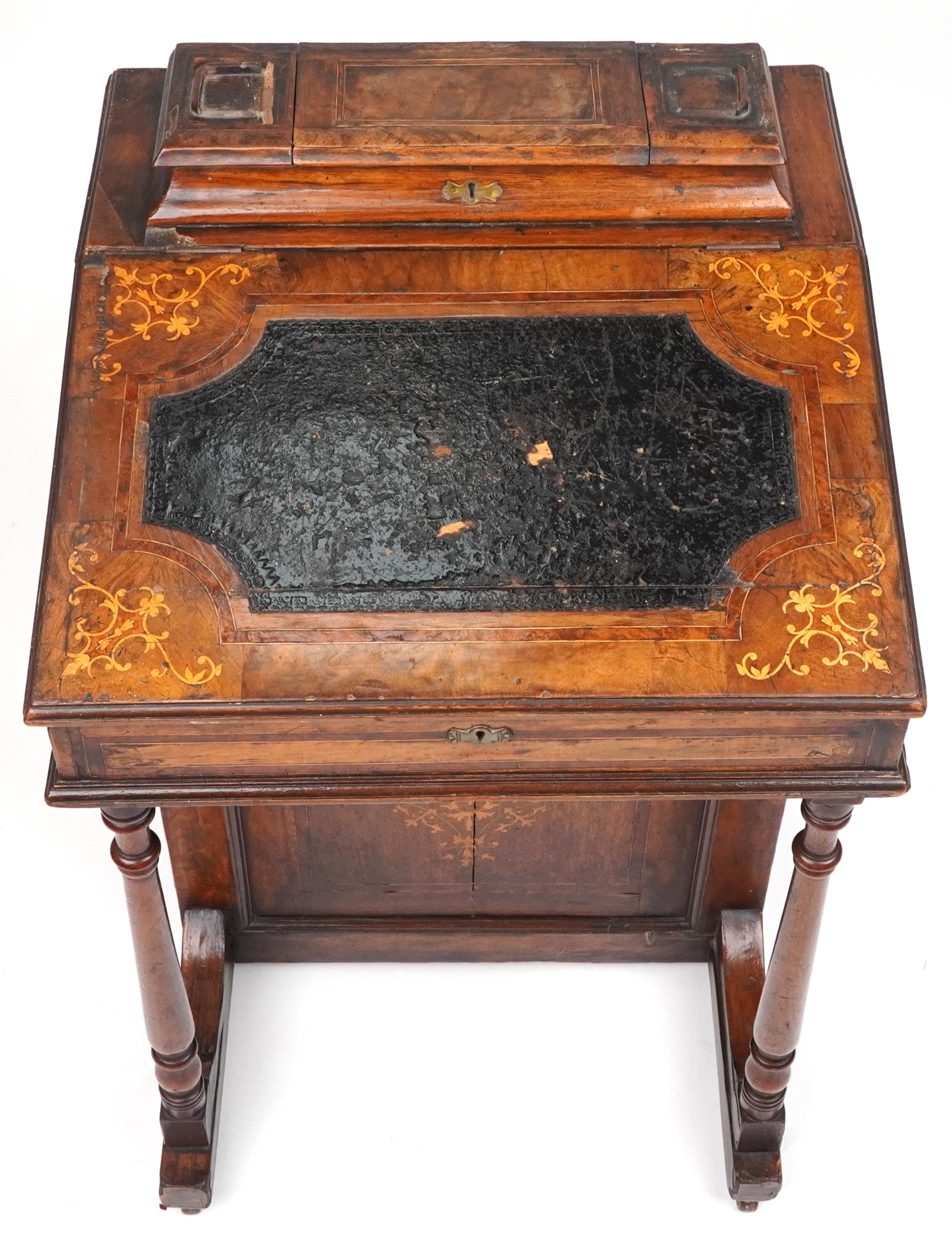 Victorian inlaid walnut and rosewood Davenport with lift up tops and side cupboard enclosing three - Image 4 of 5