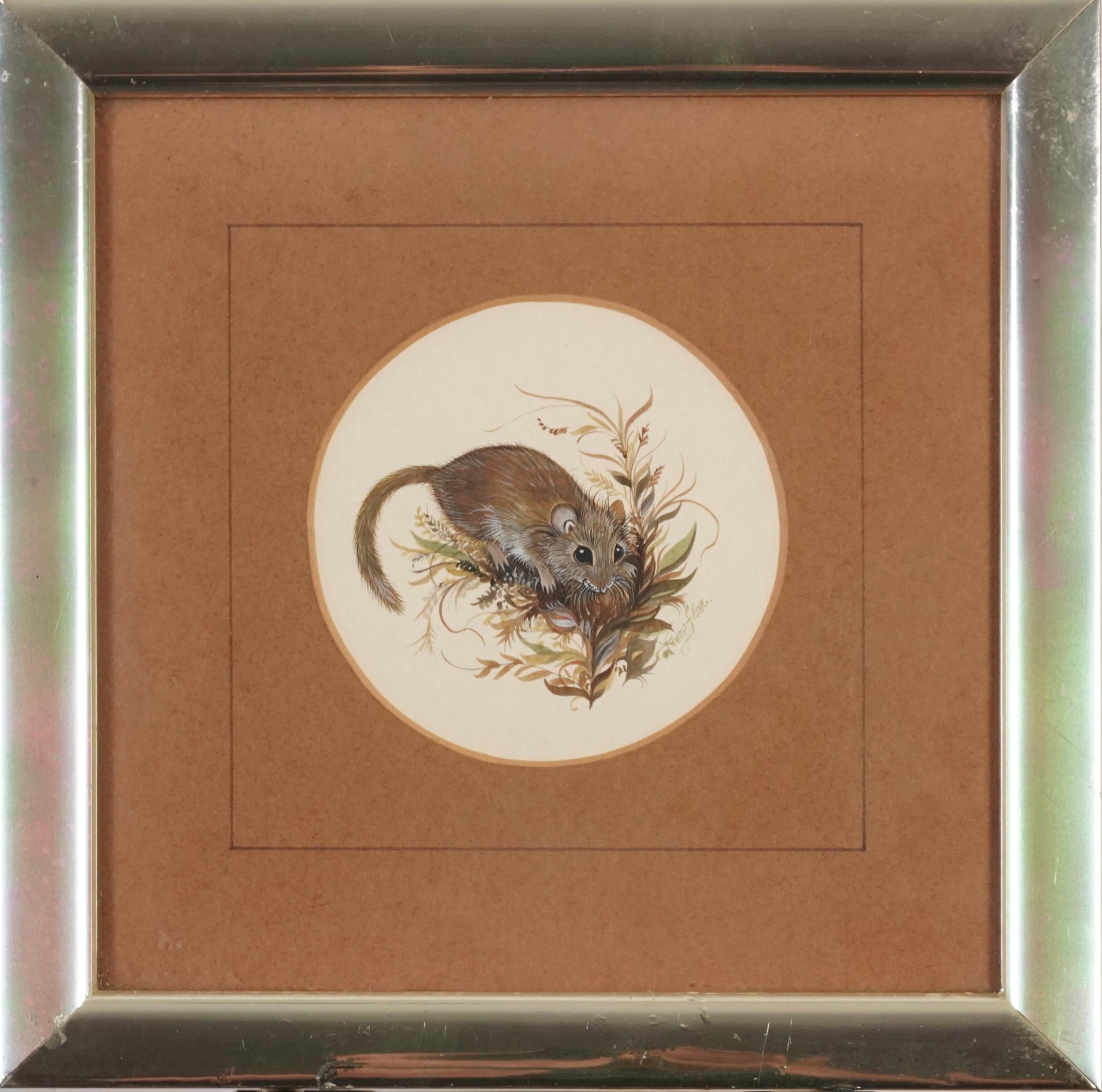 Anne Elson - Field mouse, circular heightened watercolour, gallery label verso, mounted, framed - Image 2 of 4