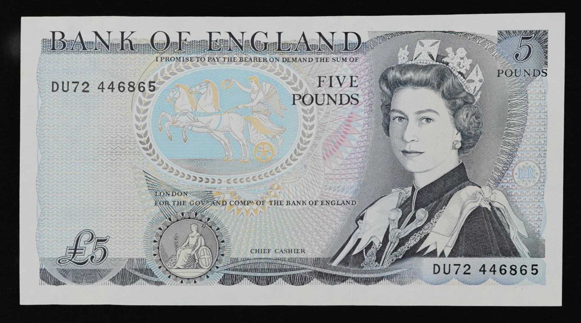 Elizabeth II Bank of England five pound note with error, no Chief Cashier, serial number DU72 446865