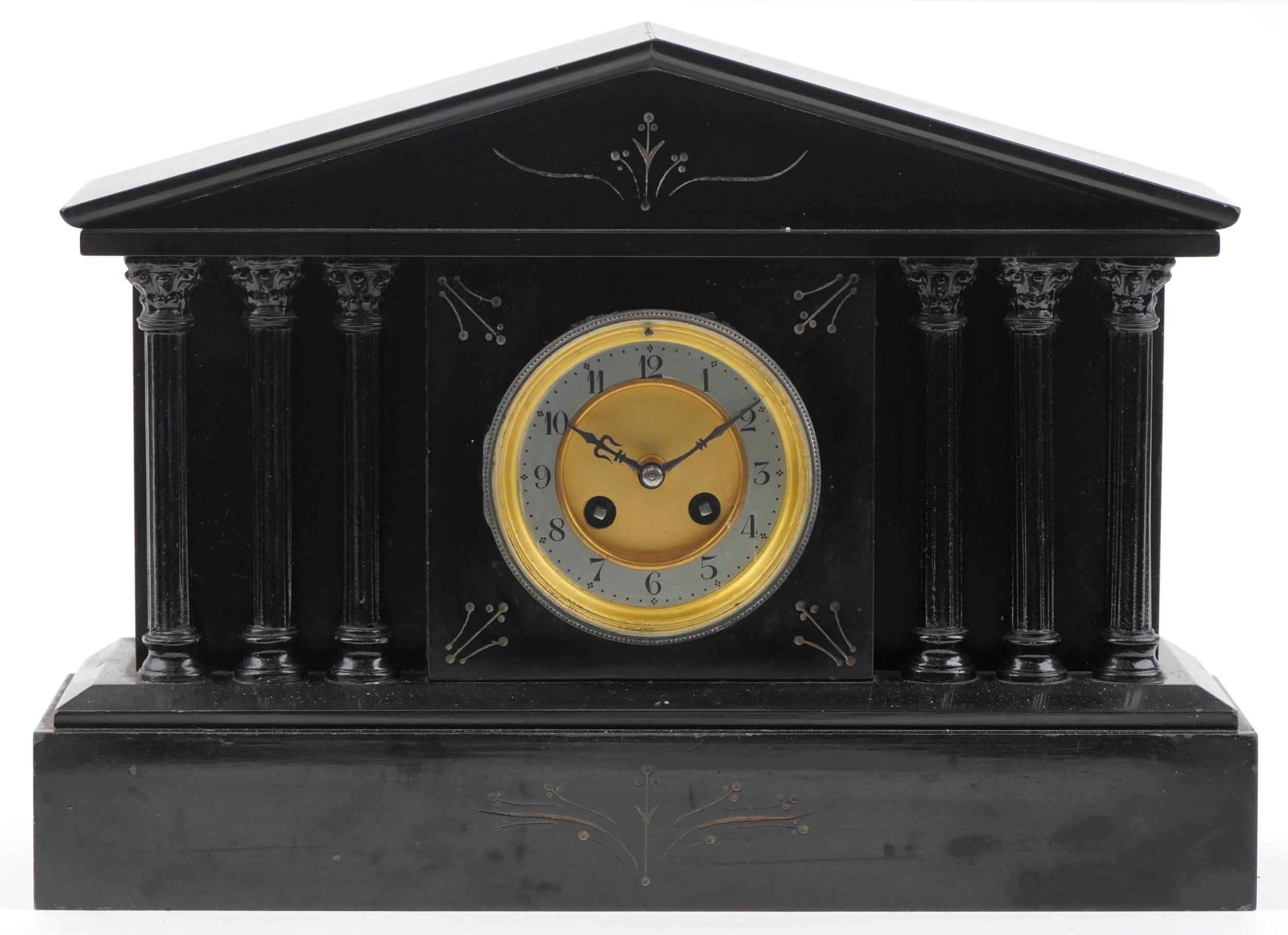 19th century French black slate architectural mantle clock with silvered chapter ring having