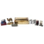 Sundry items including rectangular pewter hunting design snuff box, lighters and engraved Indian