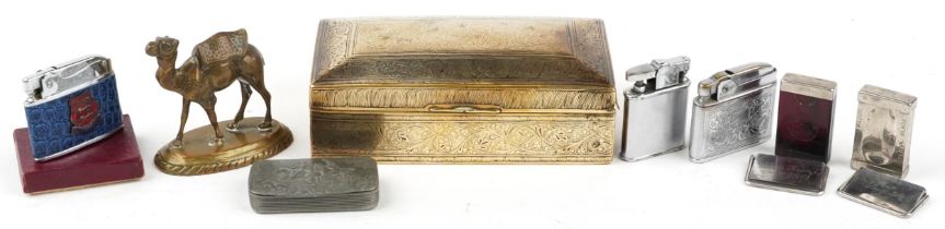 Sundry items including rectangular pewter hunting design snuff box, lighters and engraved Indian