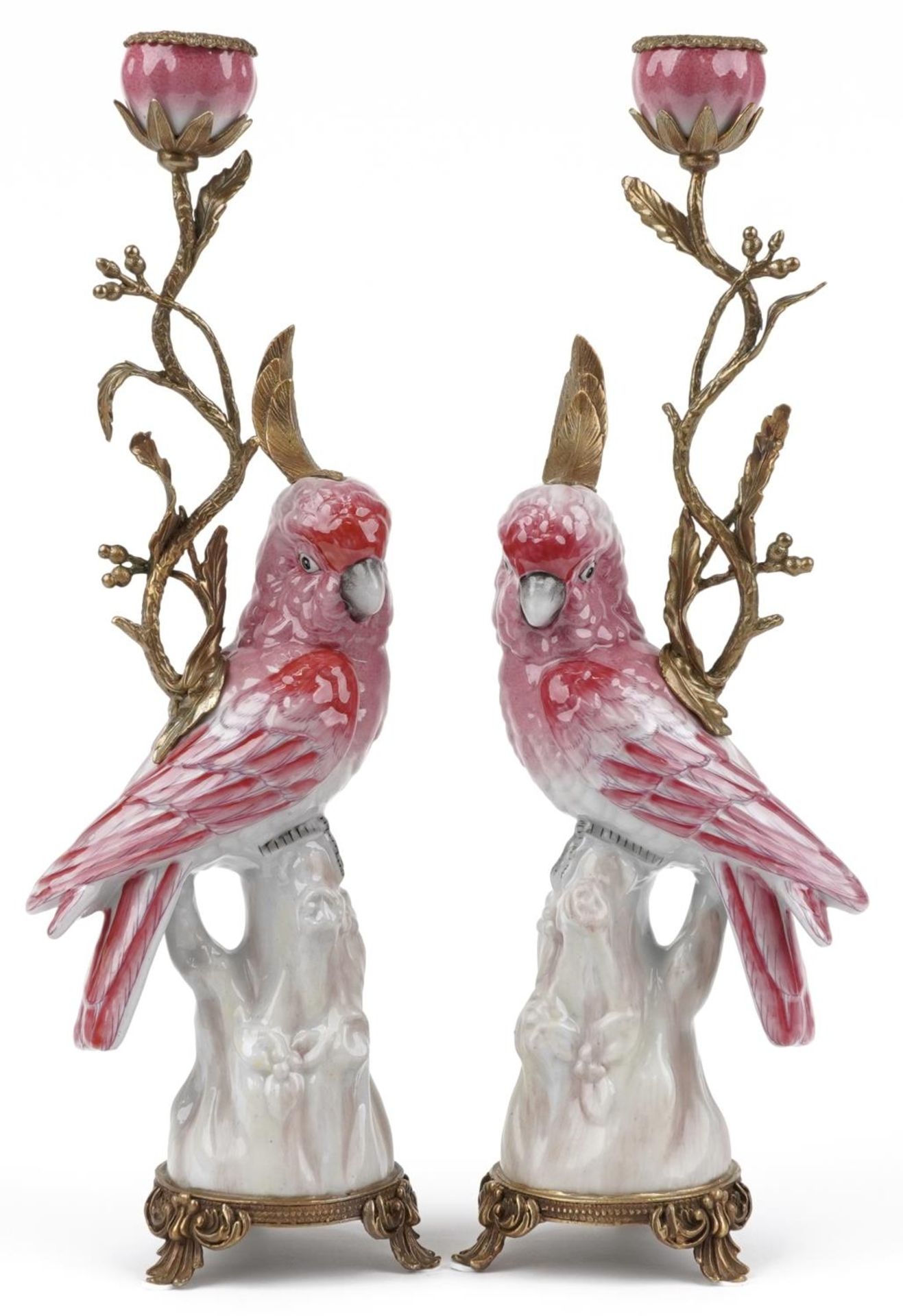 Pair of continental porcelain Cockatiel and gilt bronze candlesticks, 42cm high