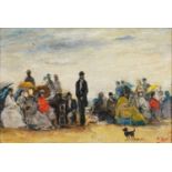 Busy beach scene, French Impressionist oil on canvas, mounted and framed, 29cm x 19.5cm excluding