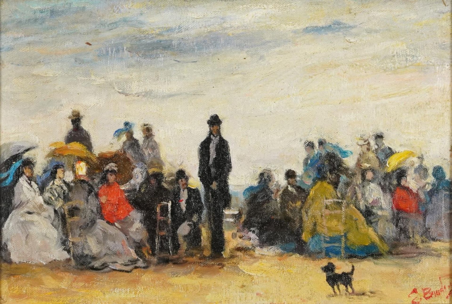 Busy beach scene, French Impressionist oil on canvas, mounted and framed, 29cm x 19.5cm excluding