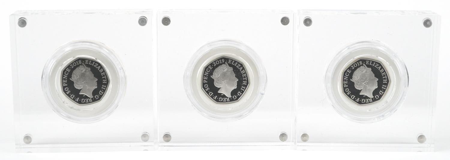 Three Paddington Bear silver proof fifty pence pieces by The Royal Mint, housed in Perspex slabs - Image 3 of 3